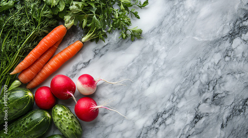 Fresh vegetables including carrots, radishes, and cucumbers on a marble background