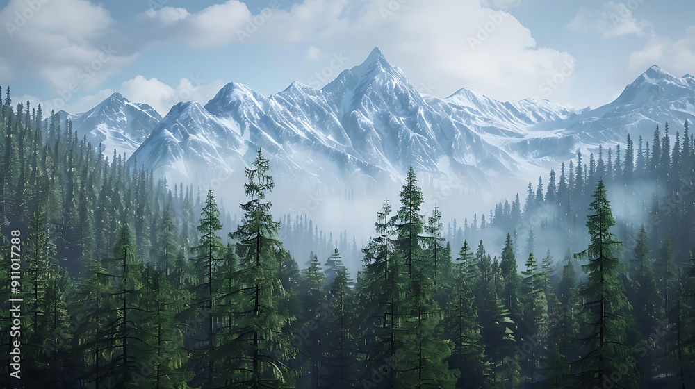 A dense forest at the foot of a snowy mountain A dense forest at the foot of a snowy mountain