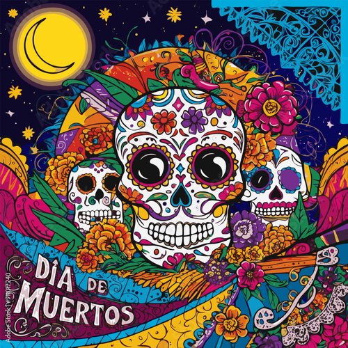Sugar skulls adorned with flowers celebrate Día de Muertos under a crescent moon