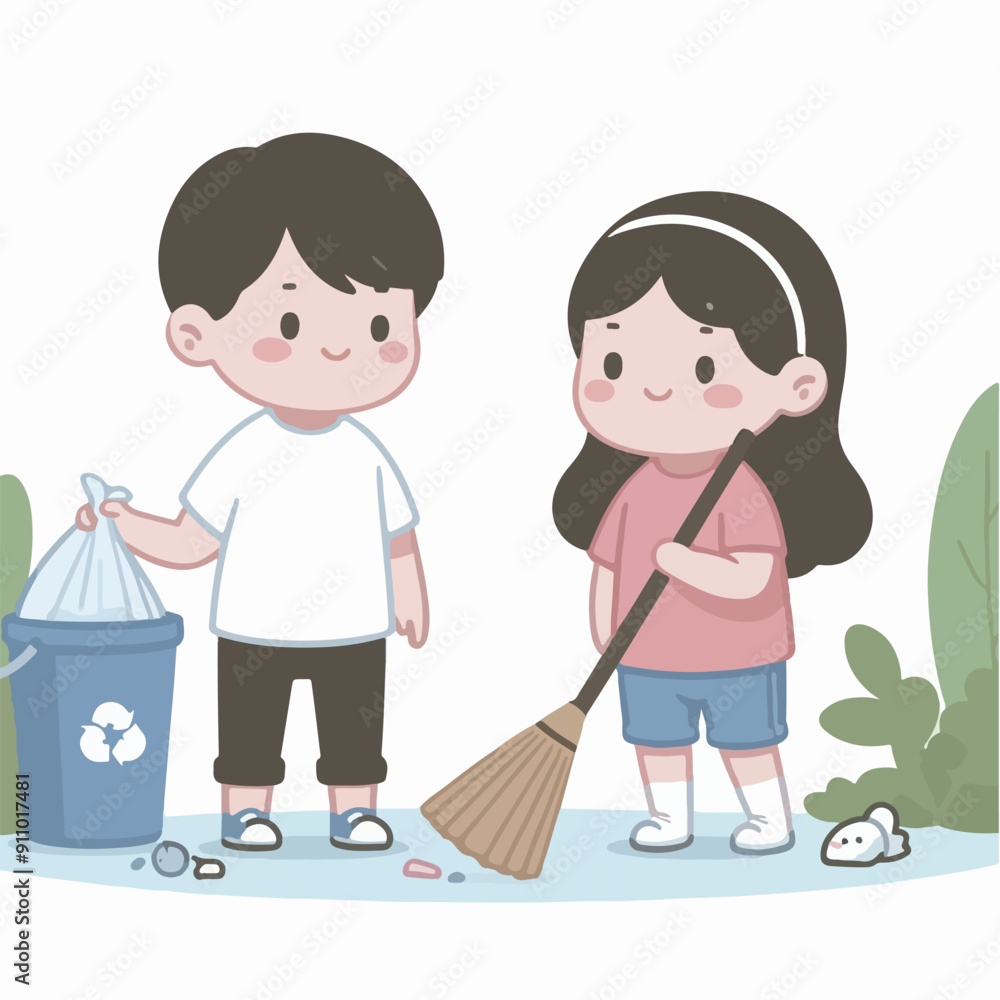 people cleaning nature by collecting garbage into trash bags. Family working together and picking plastic litter. Colored flat vector illustration isolated on white background people cleaning nature by collecting garbage into trash bags. Family working together and picking plastic litter. Colored flat vector illustration isolated on white background