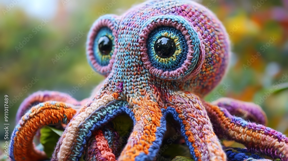 Obraz premium A knitted octopus with big, expressive eyes, intricately detailed with colorful yarn --ar 16:9