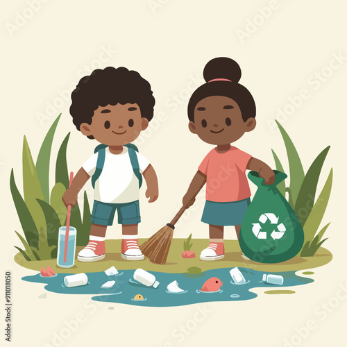 people cleaning nature by collecting garbage into trash bags. Family working together and picking plastic litter. Colored flat vector illustration isolated on white background