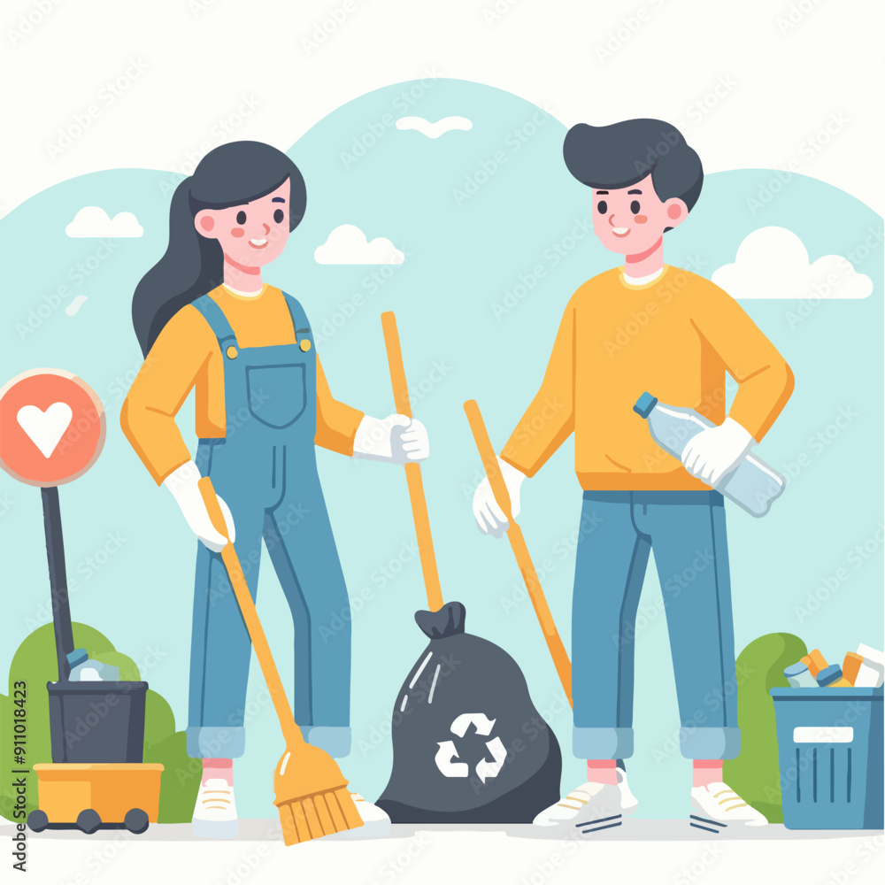 people cleaning nature by collecting garbage into trash bags. Family working together and picking plastic litter. Colored flat vector illustration isolated on white background people cleaning nature by collecting garbage into trash bags. Family working together and picking plastic litter. Colored flat vector illustration isolated on white background