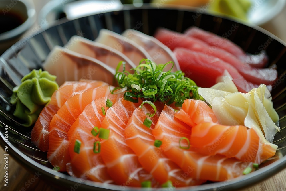 A beautifully presented plate of fresh sashimi with wasabi and soy sauce A beautifully presented plate of fresh sashimi with wasabi and soy sauce