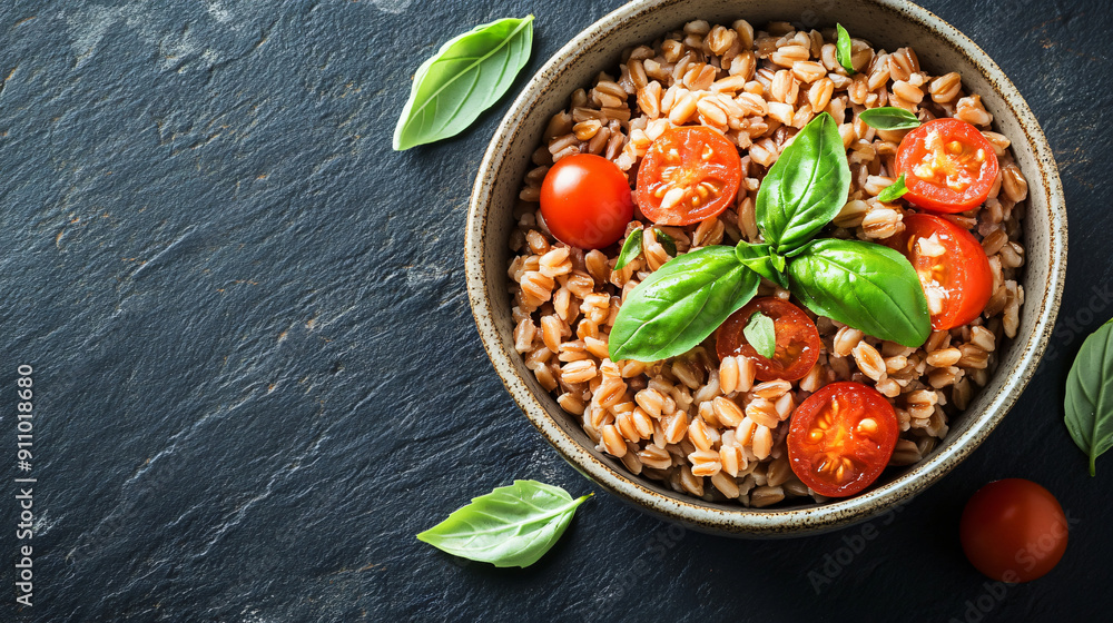 Freshly cooked farro with tomatoes and basil on a dark slate background, high resolution Freshly cooked farro with tomatoes and basil on a dark slate background, high resolution