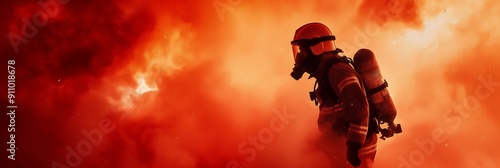 A heroic firefighter clad in protective gear silhouetted against the intense blaze as they bravely confront the fire with courage. photo