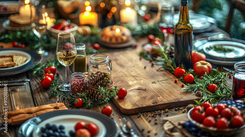 Rustic table set with food, wine, and decorations, ready for a festive meal