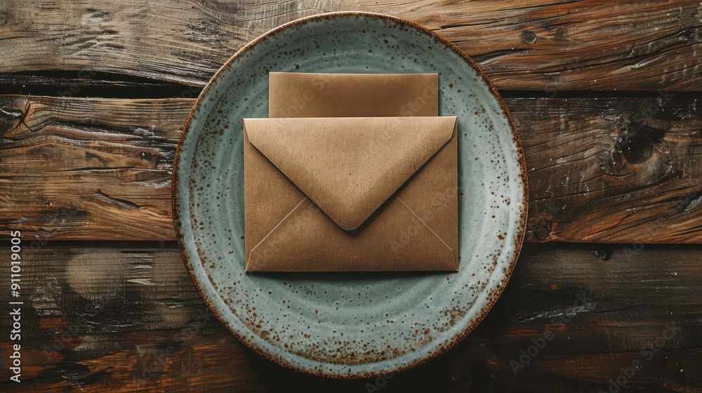 A stylish design mockup of a blank card and envelope, positioned on a ceramic plate, warm evening light creating dramatic shadows, placed on a rustic wooden table