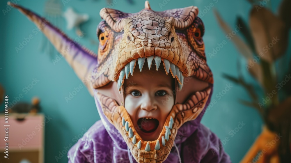 Naklejka premium The child in dinosaur costume