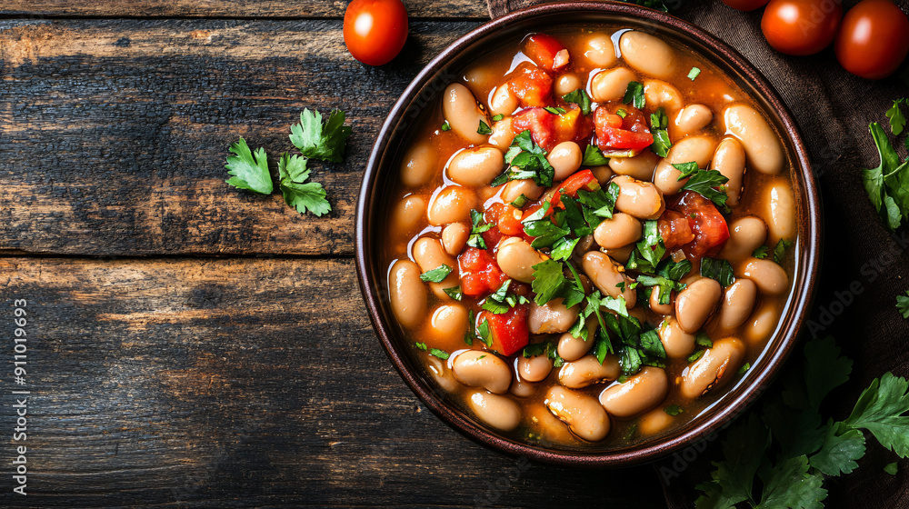 Freshly cooked pinto beans with tomatoes and cilantro on a dark wooden table Freshly cooked pinto beans with tomatoes and cilantro on a dark wooden table