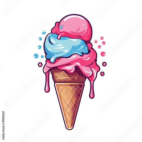 Cute Hand drawn doodle melting Icecream popsicle clipart Vector Illustration art - strawberry scoop frozen waffle ice cream - cold dessert food 