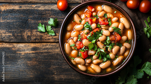 Freshly cooked pinto beans with tomatoes and cilantro on a dark wooden table