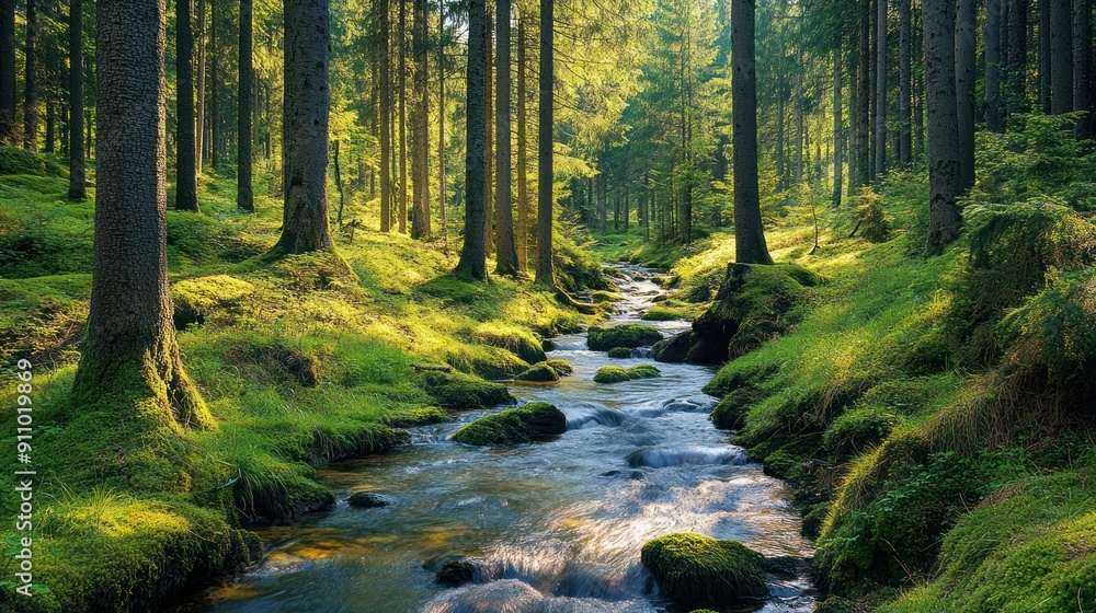 Obraz premium Serene Stream Flowing Through a Lush Forest