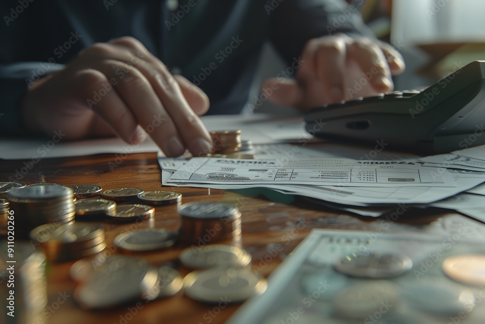 Close up of a man working at a desk with a calculator and documents, Close up of a man working at a desk with a calculator and documents,