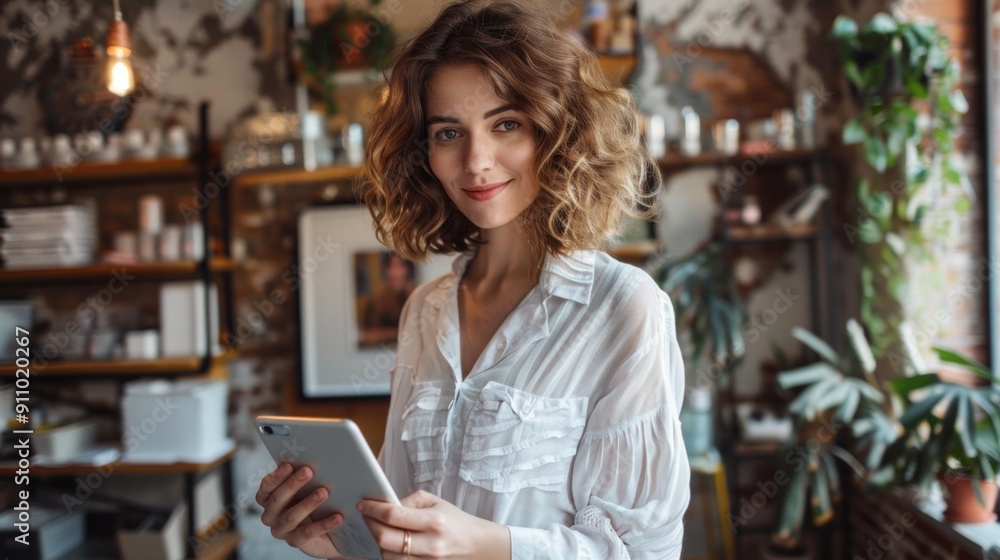 young woman working on ipad in a minimalistic, elegant studio young woman working on ipad in a minimalistic, elegant studio