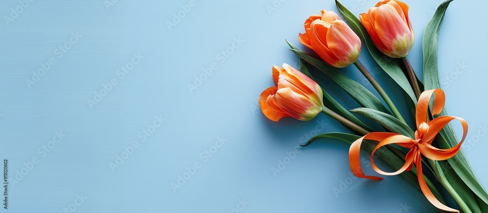 Obraz premium Greeting card featuring an orange tulips bouquet with ribbon on a light blue backdrop, ideal for a copy space image.