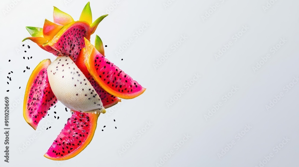 Luxury flying dragon fruit with fresh, colorful slices elegantly placed with light effects on an empty white background Luxury flying dragon fruit with fresh, colorful slices elegantly placed with light effects on an empty white background