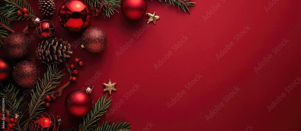 Red background with Christmas decorations providing copy space image. Red background with Christmas decorations providing copy space image.