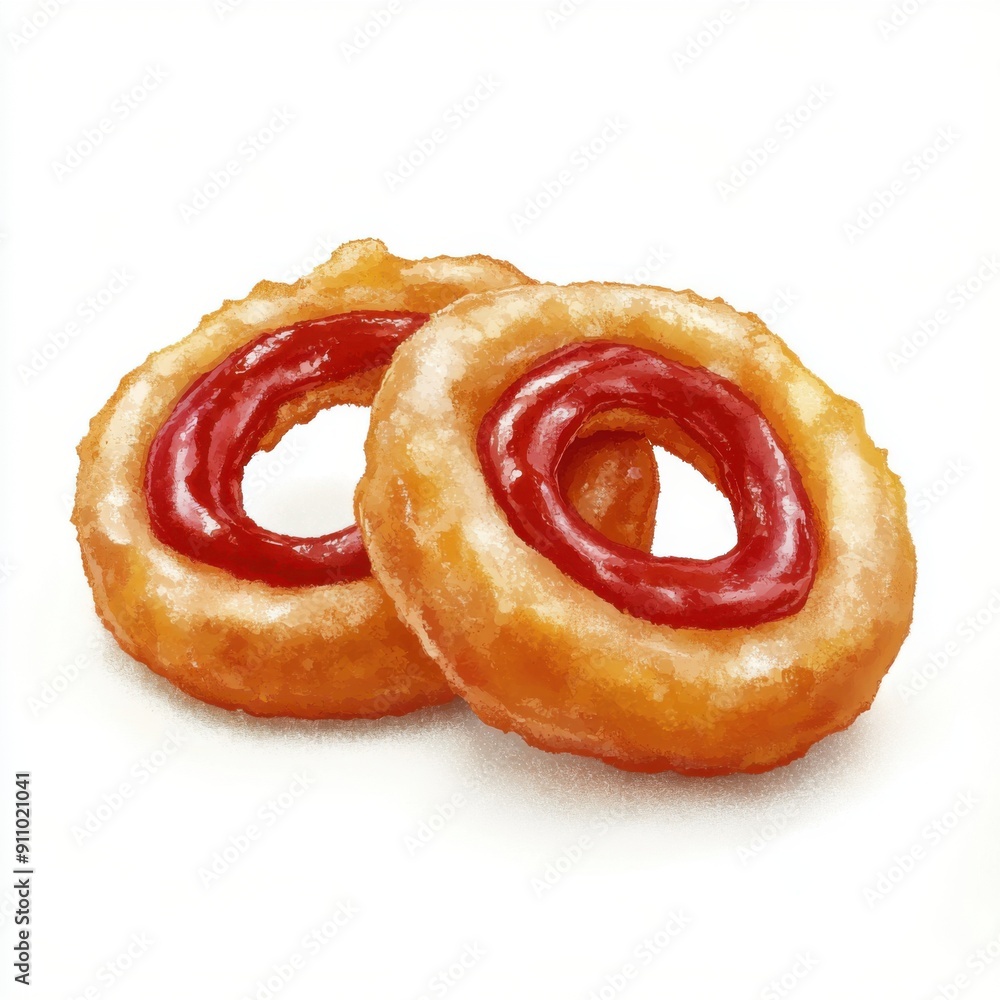 Fototapeta premium Crispy Onion Rings with Ketchup - Fast Food Digital Painting in Golden Tones on White Background
