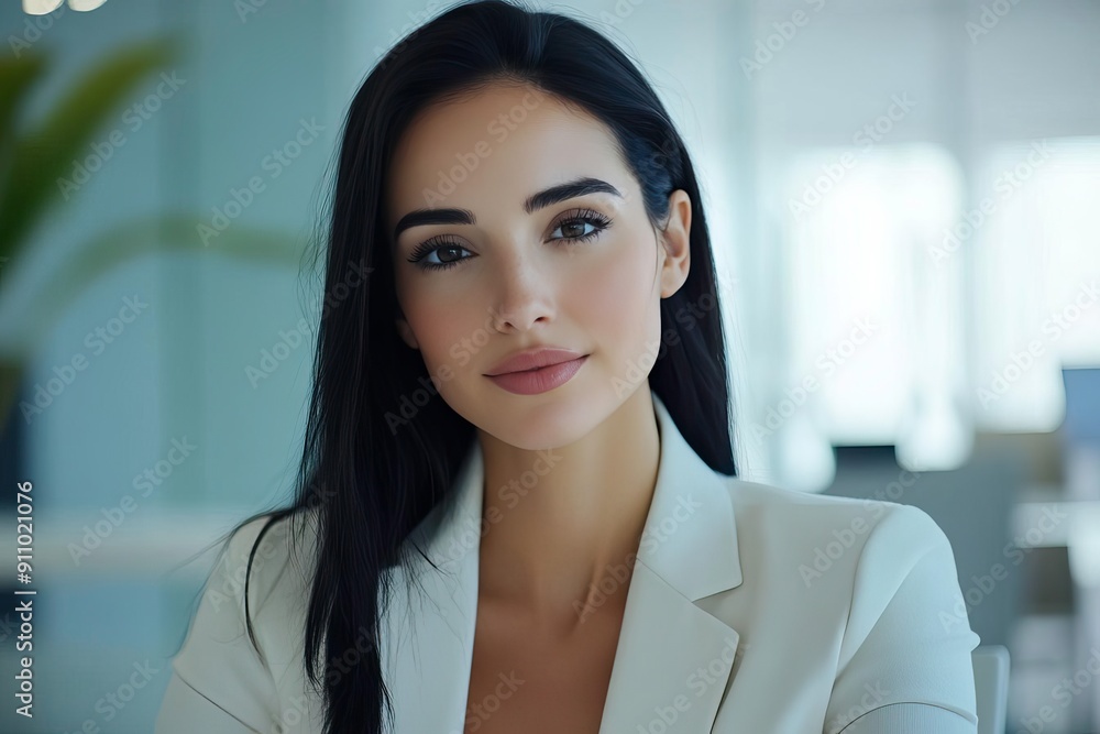 A professional woman in a white blazer, exuding confidence with a soft smile in a modern office setting. A professional woman in a white blazer, exuding confidence with a soft smile in a modern office setting.
