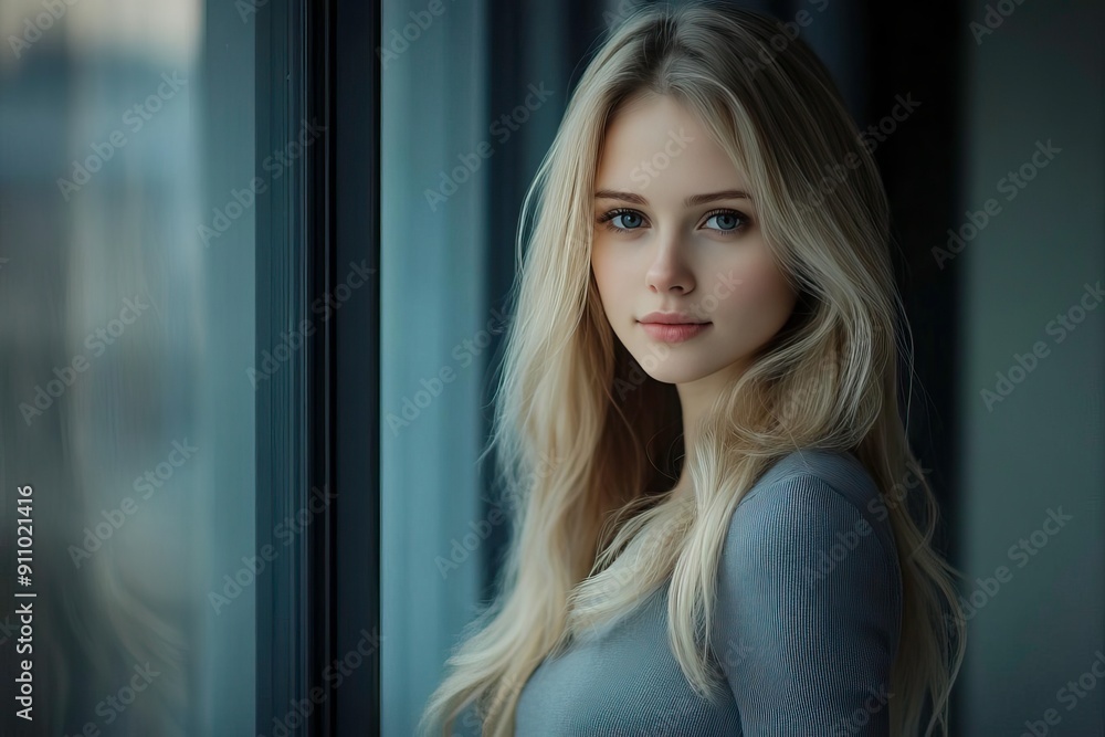 A serene portrait of a young woman with long hair, gazing thoughtfully by a window, capturing elegance and contemplation. A serene portrait of a young woman with long hair, gazing thoughtfully by a window, capturing elegance and contemplation.