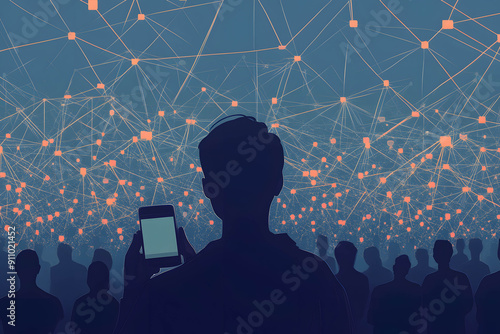 A person using a smartphone with social media power lines connecting them to a large digital crowd