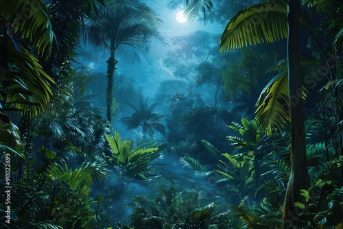 Fototapeta Naklejka Na Ścianę i Meble -  atmospheric night scene in lush tropical jungle bioluminescent plants glowing misty air moonlight filtering through dense canopy
