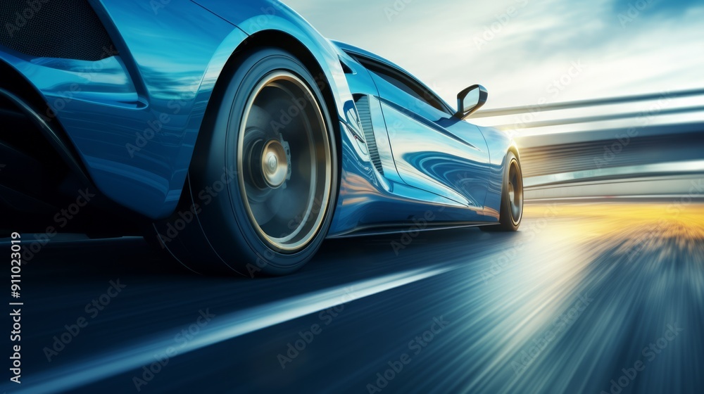Movement shot of fast blue car driving on asphalt road with high speed. Neural network ai generated art Movement shot of fast blue car driving on asphalt road with high speed. Neural network ai generated art