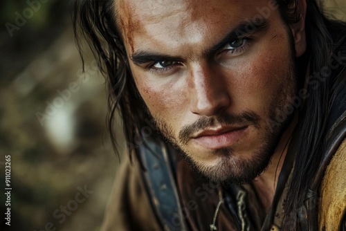 Intense close-up of a rugged warrior with striking eyes, showcasing determination and strength in a natural setting.