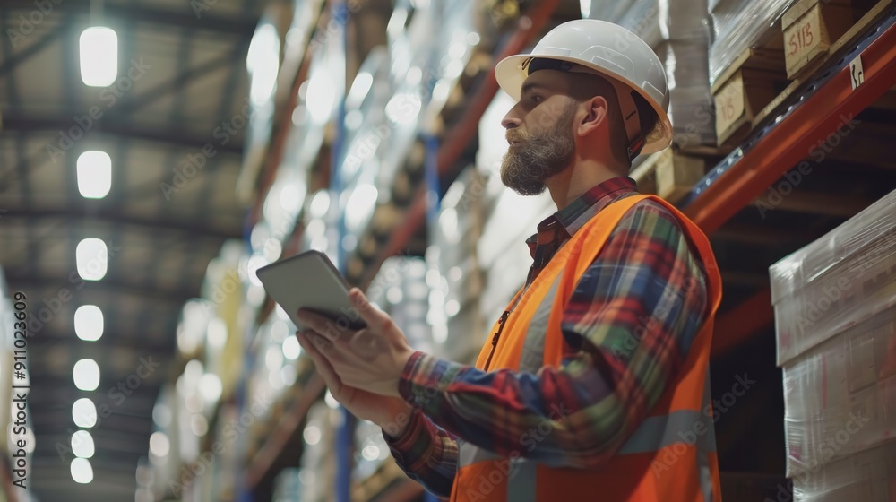 The image highlights a warehouse worker in a safety vest and helmet using a tablet to inspect and manage inventory within a well-organized warehouse, reflecting professionalism and efficiency. The image highlights a warehouse worker in a safety vest and helmet using a tablet to inspect and manage inventory within a well-organized warehouse, reflecting professionalism and efficiency.