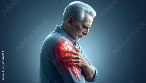 An old man experiencing severe shoulder pain, depicted with red inflammation to highlight the area of discomfort and urgency