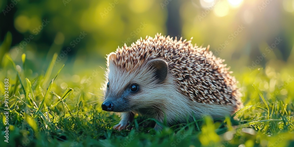 A hedge walks through lush green grass in warm sunlight A hedge walks through lush green grass in warm sunlight