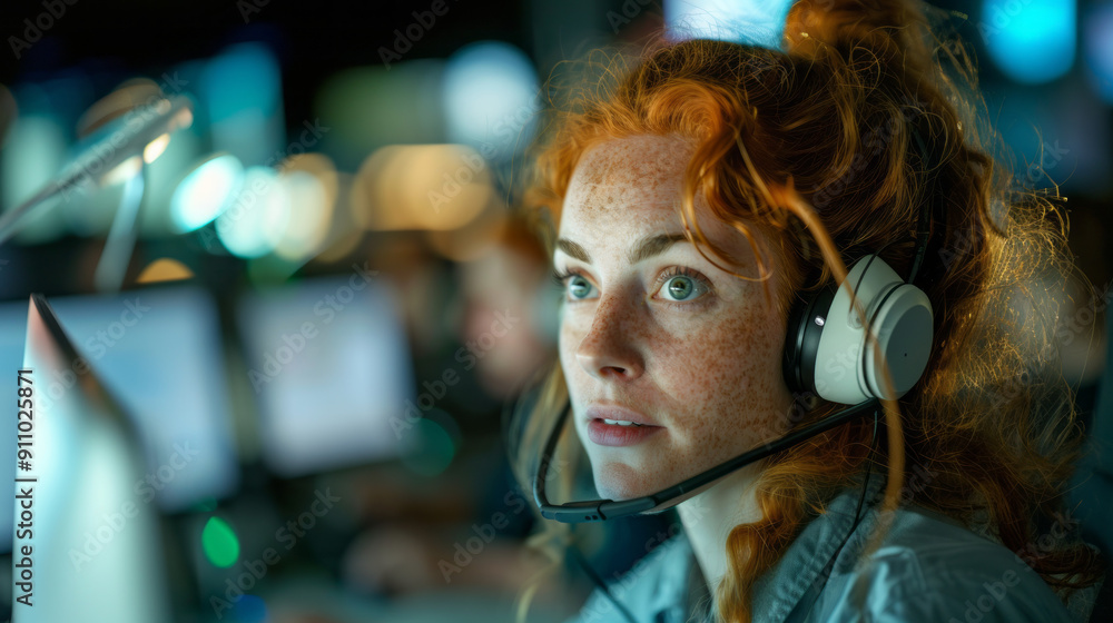 photo of a Pensive female helpdesk service agent working on computer at call center. photo of a Pensive female helpdesk service agent working on computer at call center.
