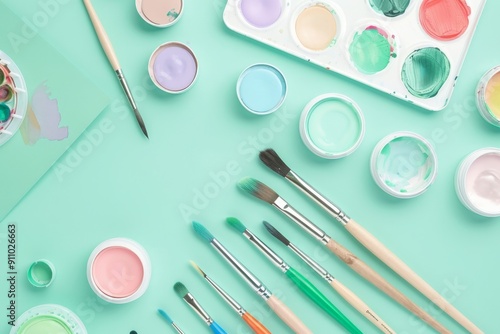 A variety of paintbrushes, paint pots, and a paint palette artistically scattered on a mint green table, highlighting a creative workspace for artistic endeavors.