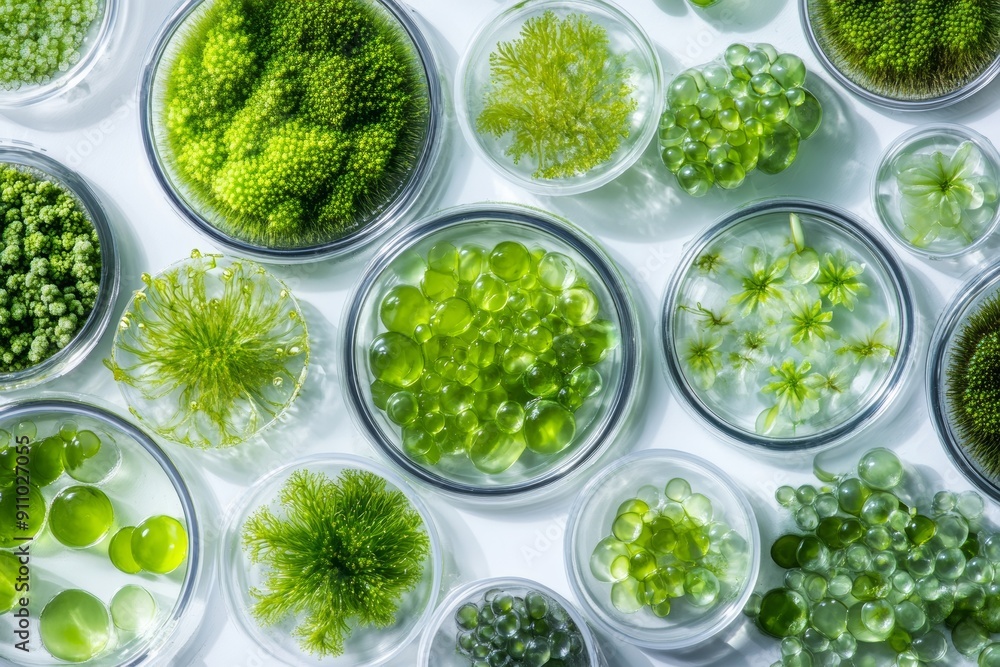 Microalgae, algae in petri dishes. Biotechnology, science. Flat lay, top view. Macro. Biofuel research process in laboratory. Stock image. Microalgae, algae in petri dishes. Biotechnology, science. Flat lay, top view. Macro. Biofuel research process in laboratory. Stock image.