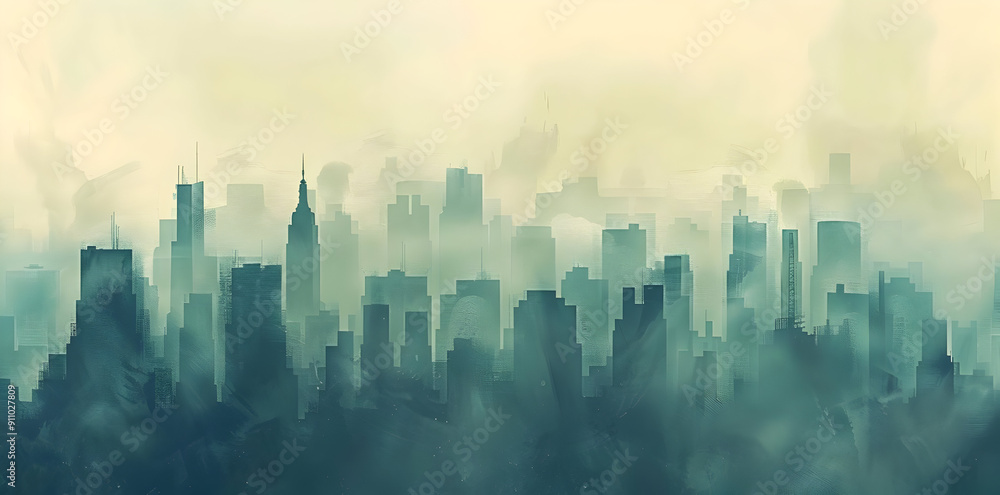 Cityscape Illustration in Foggy Watercolor Style Cityscape Illustration in Foggy Watercolor Style
