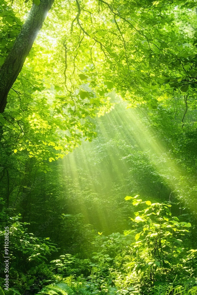 Obraz premium Lush green forest with sunlight filtering through the trees, great for environmental and nature projects
