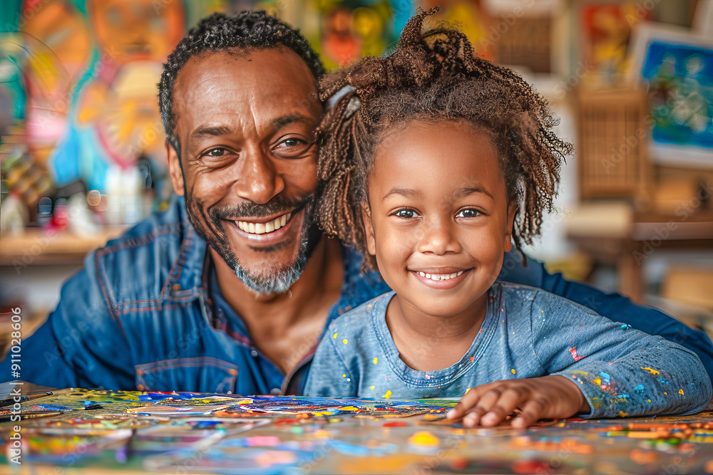 Smiling father and daughter painting together in art studio Smiling father and daughter painting together in art studio