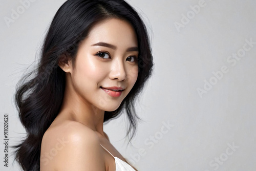 Portrait of perfect young asian woman with clean skin face at white background. Lovely smiling lady looking at camera, self care. Cosmetology, beauty and spa concept. Gen Ai. Copy ad text space