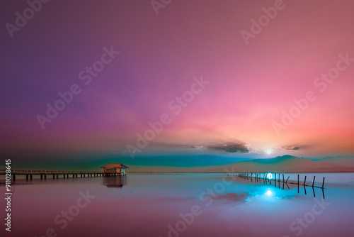 Kwan Phayao lake and the twilight sky at sunset photo