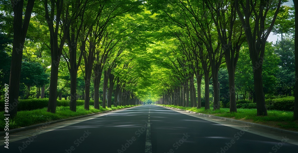 Beautiful green trees lined the road in the park in a symmetrical composition. The realistic photo had a cinematic light with high resolution photography. Beautiful green trees lined the road in the park in a symmetrical composition. The realistic photo had a cinematic light with high resolution photography.