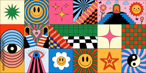 Cool Abstract Groovy Background. Trendy Y2k Geometric Collage Illustration. Smile Poster Art.
