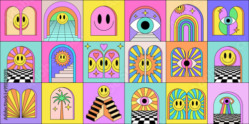 Cool Abstract Groovy Background. Trendy Y2k Geometric Collage Illustration. Smile Poster Art.