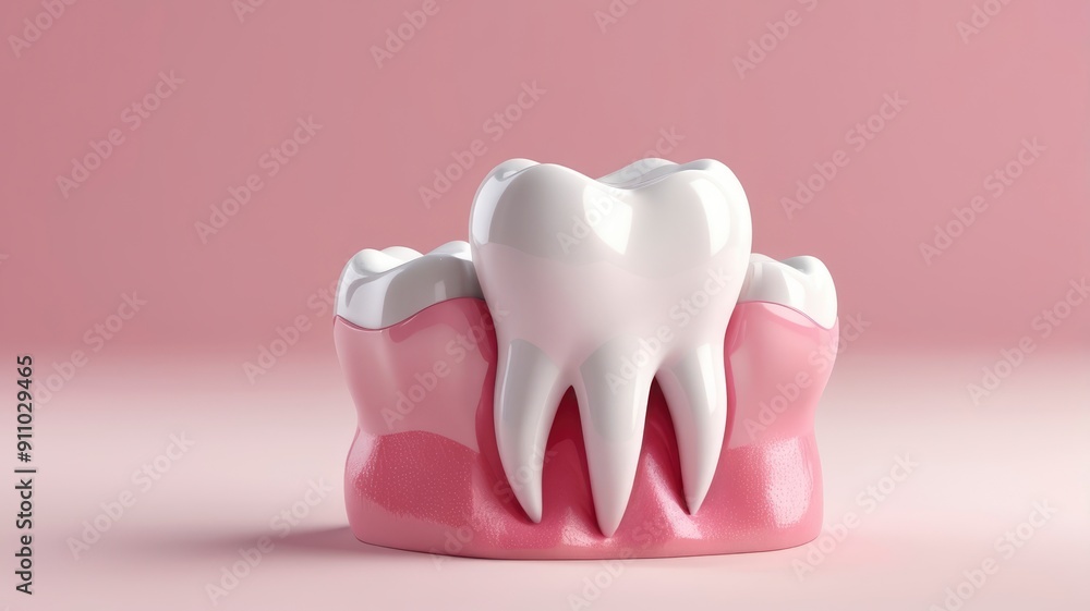 Tooth model in white, pink background Tooth model in white, pink background