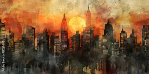 Cityscape Illustration with Orange Sunset Background