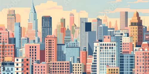 Cityscape Illustration with Tall Buildings and Pastel Colors