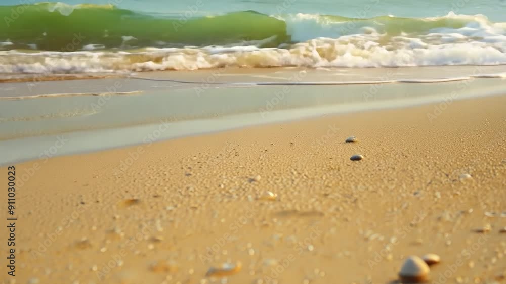 Gentle waves wash over fine sand, creating a serene atmosphere on a sunny day by the beach Gentle waves wash over fine sand, creating a serene atmosphere on a sunny day by the beach
