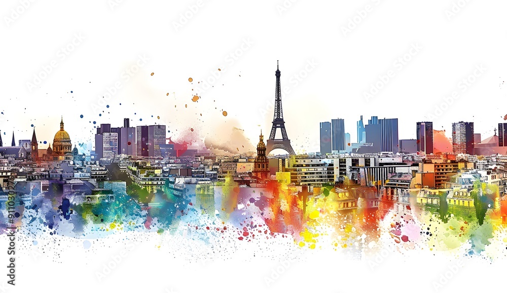 Obraz premium Paris skyline with Eiffel tower in colorful watercolor splashes, white background, panoramic view, artistic and vibrant style, cityscape, detailed architecture,