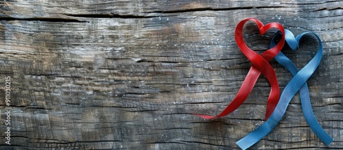 Valentine's Day themed image featuring two heart-shaped ribbons in red and blue colors on a rustic wooden background with copy space for text. photo