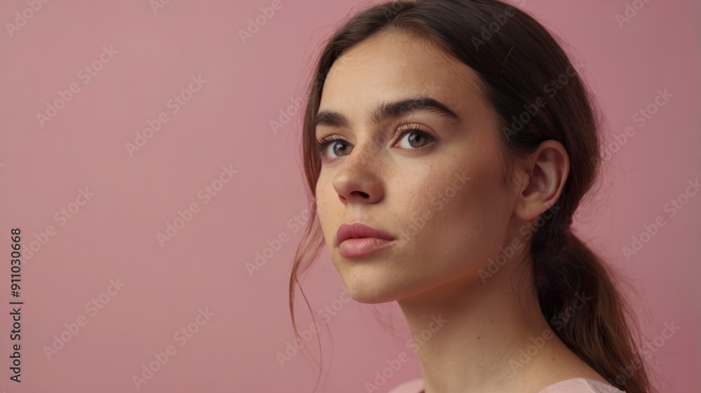 Naklejka premium Young woman thinking, isolated pink background,